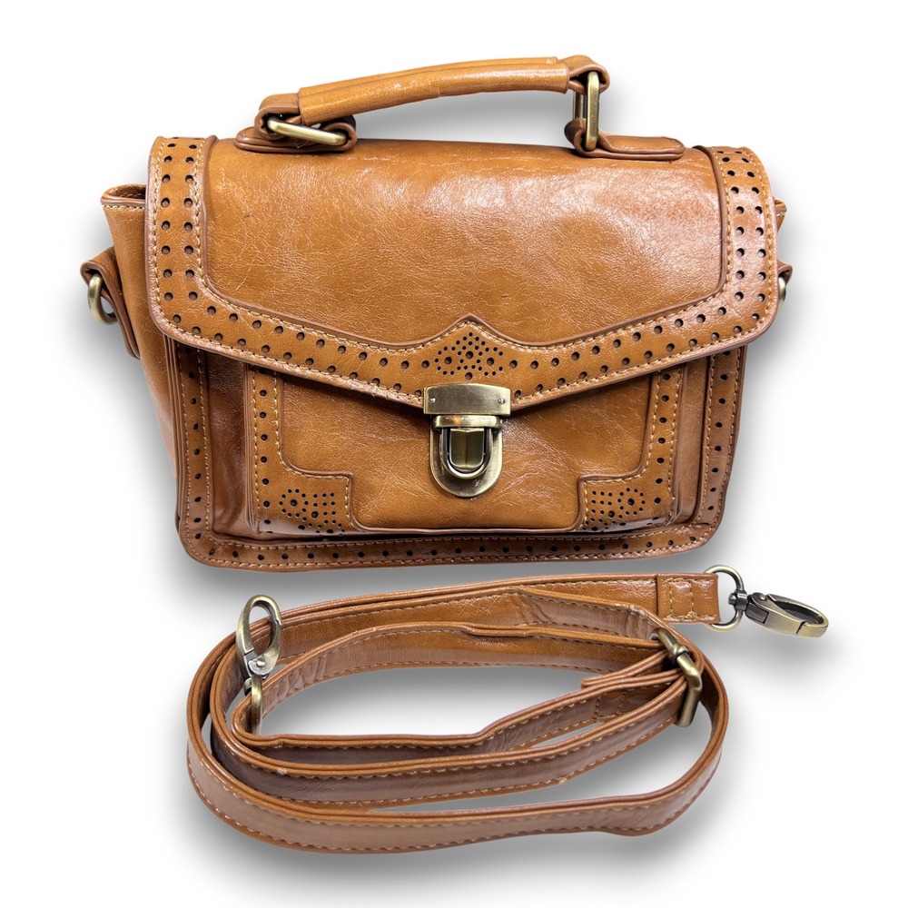 Angie VTG Style Brown Faux Leather Satchel Crossbody Bag Top Handle Detachable